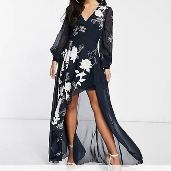 ASOS Petite Dresses & Skirts - ASOS Design Elegant Navy Blue Floral Embroidered High Low Maxi Dress